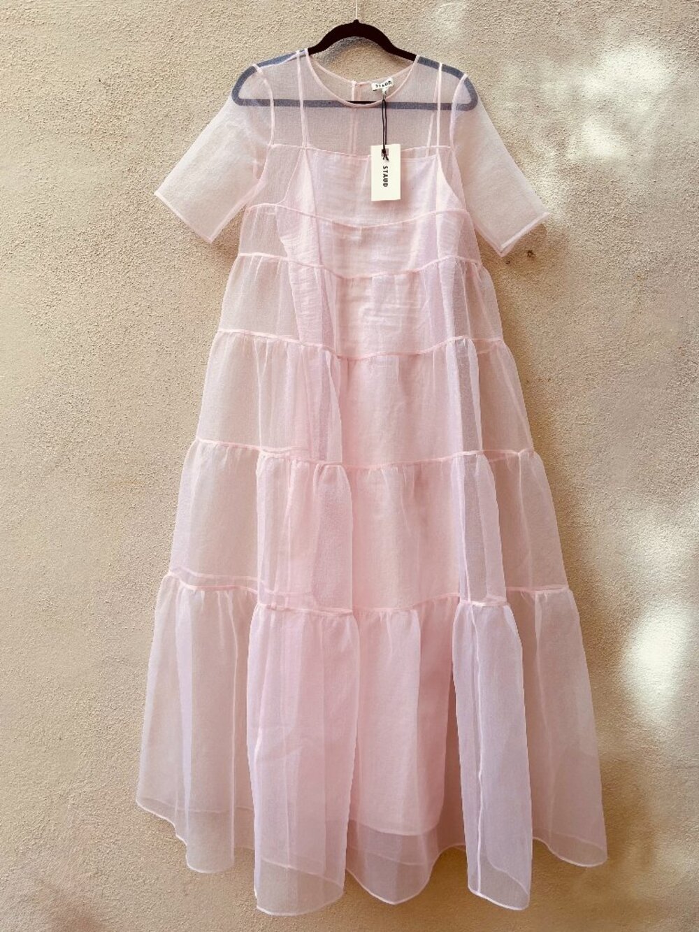 NWT STAUD Hyacinth short sleeve Tiered Organze Maxi Dress - Picture 3 of 13